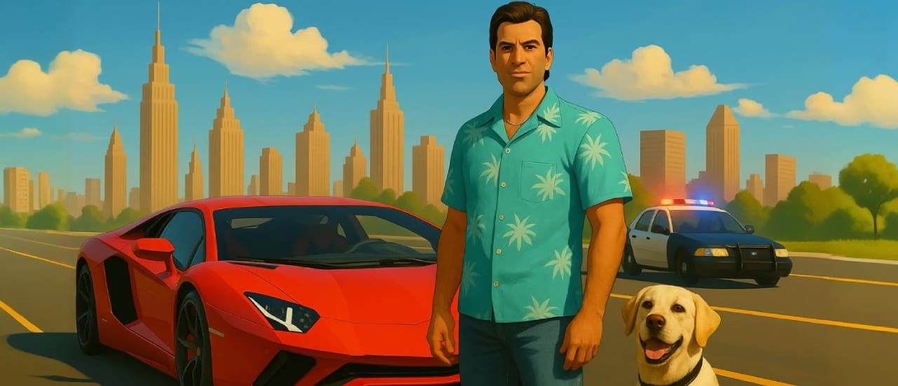 Aventador Vice Crime City gameplay screenshot showing key features and visual style