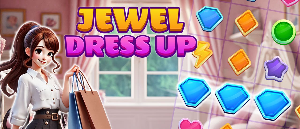 Jewel Dress Up gameplay showing colorful jewels and fashion elements