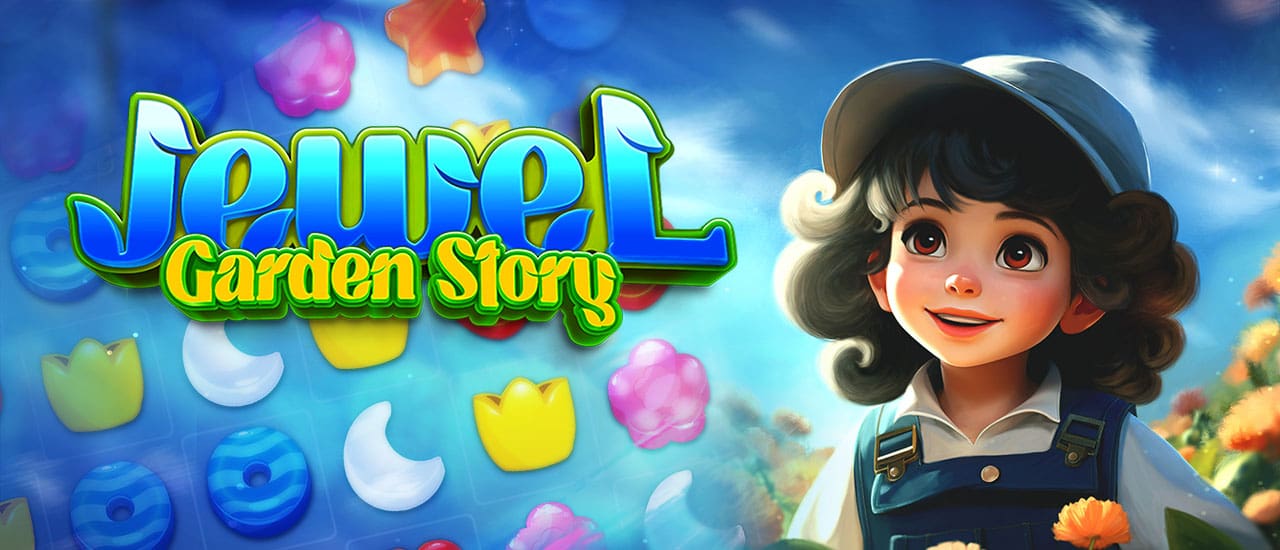 Jewel Garden Story gameplay screenshot showing match-3 jewels and garden elements
