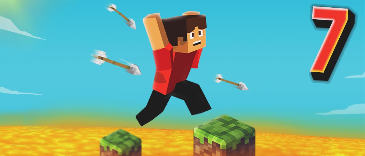 Parkour Block7 gameplay screenshot showing colorful block-based parkour course