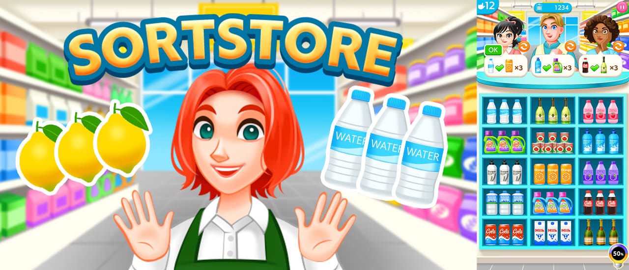 SORTSTORE gameplay screenshot showing key features and visual style