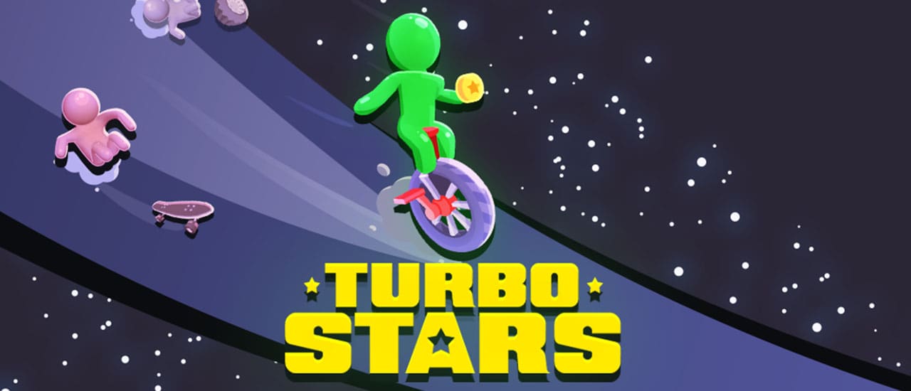 Turbo Stars gameplay screenshot showing skateboard racing with colorful tracks and obstacles